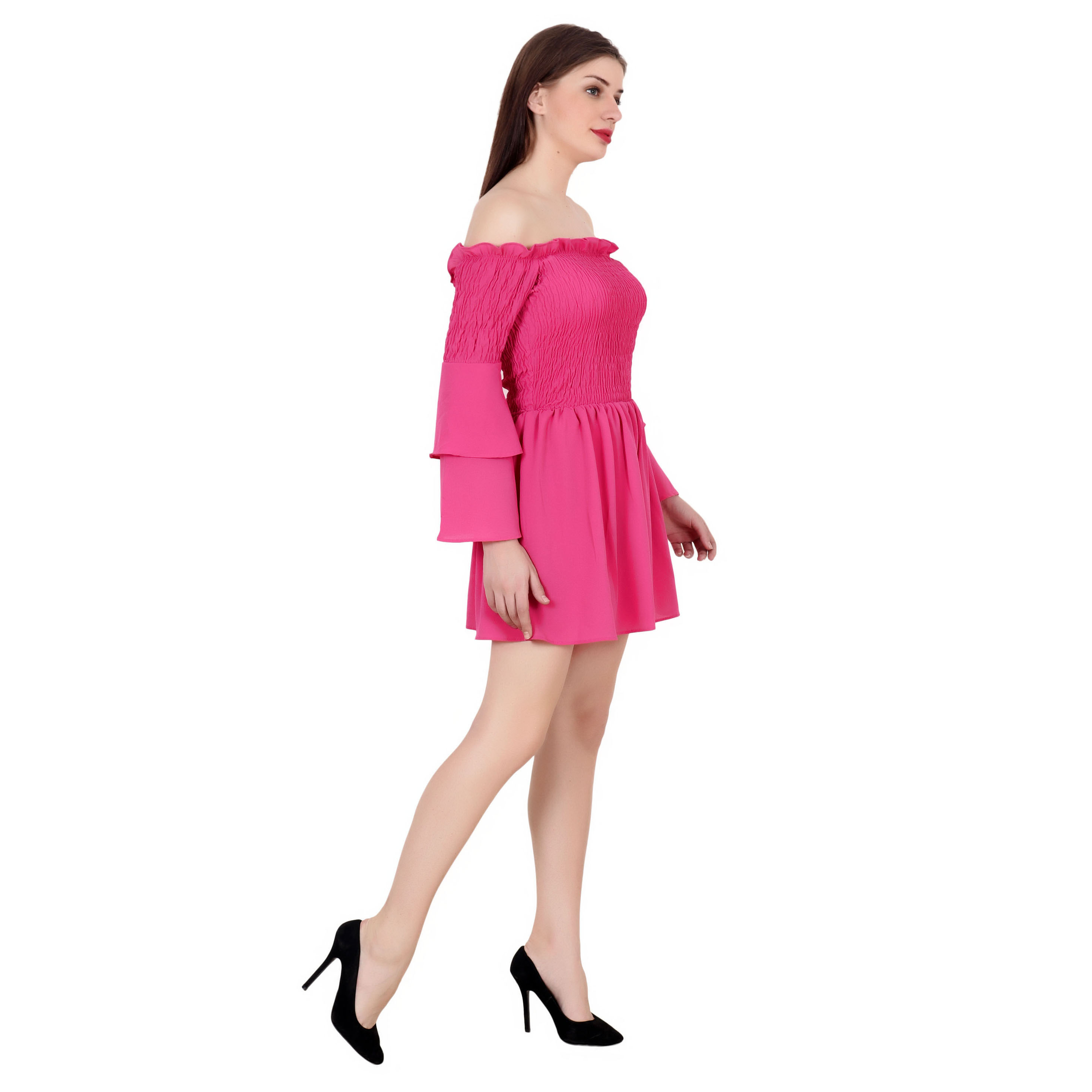 PINK OFF SHOULDER BELL SLEEVE FLARED MIDI
